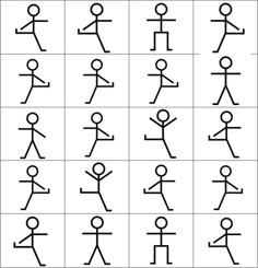 an image of stick figures with different positions and shapes on them, all in black and white