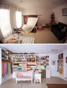 before and after pictures of a living room in the same house, with different furniture