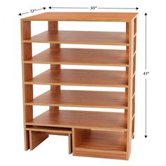 a wooden shelf with two drawers and measurements for the top half of it, including one section