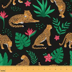 a black background with leopards and tropical leaves