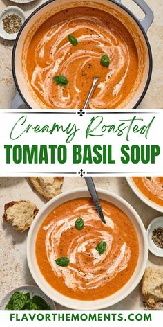 creamy roasted tomato basil soup in a white bowl