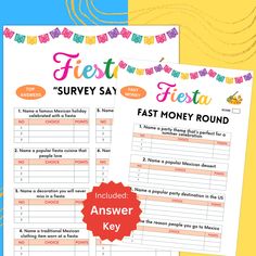 two printable survey sheets with the words fest fiesta and money round on them next to each other