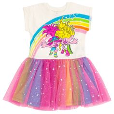 Enter the colorful world of Trolls and get ready for a musical adventure in this cool Trolls Short Sleeve Dress featuring Poppy. Join Princess Poppy, Branch, and the rest of their friends as they save the happy Trolls from getting eaten by the pessimistic Bergens and rock out with Queen Barb on her world tour. Your child can’t wait to sing and dance in this cute and stylish short sleeve dress featuring their favorite animated character. Queen Barb, Skater Girl Dress, Girl Skater, Trolls Poppy, Princess Poppy, Sing And Dance, Skater Style Dress, Poppy Dress, Dreamworks Trolls