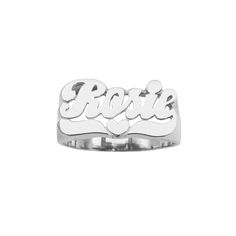 The SNS103 name ring is a classic but timeless jewelry, designed with script letters and accompanied by lovely heart-centered tail. This ring runs small, perfect for girls or women with small hands. * Personalize with name of choice * Solid Sterling Silver (0.925) * Plated in White Rhodium, Yellow Gold, or Rose Gold * Measures approximately 8.0 mm from initial to tail * Weighs about 3.5 grams * Item Number: SNS103L Note: Please double check the spelling on the name (up to 8 characters) when you Script Heart, Script Letters, Name Ring, Name Rings, Custom Ring, White Solid, Timeless Jewelry, Small Hands, Cleaning Jewelry