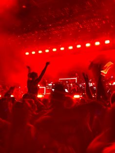 a crowd at a concert with their arms in the air and one person raising his hands up