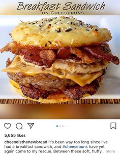 a bacon cheeseburger is shown on the instagram page for breakfast sandwichers