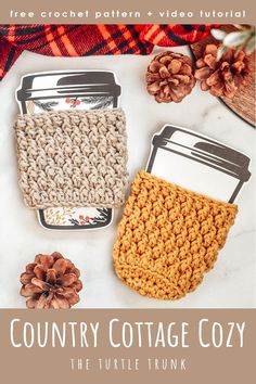 Pinterest pin for the Country Cottage Cozy crochet pattern by The Turtle Trunk Crochet Fall Cup Cozy, Crochet Fall Cup Cozy Free Pattern, Crochet Halloween Cup Cozy Free Pattern, Small Crochet Items For Craft Fair, Crochet Cup Cozy With Handle, Free Crochet Cup Cozy Pattern, Crochet Drink Cozy, Crochet Cup Cozy Free Pattern