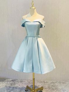 Simple Short Light Blue Satin Party Dress Satin Party Dress, Off Shoulder Evening Dress, Dama Dresses, Satin Homecoming Dress, Blue Homecoming Dresses, Marine Uniform, Blue Party Dress, Dress Off Shoulder, Light Blue Dresses