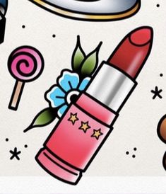 an assortment of items are depicted in this cartoon style illustration, including lipstick, candies and lollipops