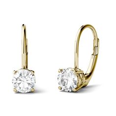 Darling drop earrings for your next date night! Each 14K gold earring in this pair features one marvelous Moissanite stone at the bottom. Leverbacks allow for easy, worry-free fastening so you can spend less time getting ready, and more time enjoying the evening. Don these beauties with a black dress, nude heels and red-hot lipstick for a killer outfit! Fine Yellow Gold Diamond Earrings With Lever Back, Classic Yellow Gold Earrings With Lever Back, Classic Yellow Gold Diamond Drop Earrings, Formal 14k Gold Diamond Earrings With Lever Back, Yellow Gold Drop Diamond Earrings, 14k Gold Round Diamond Earrings With Lever Back, Yellow Gold Brilliant Cut Dangle Earrings, Yellow Gold Prong-set Drop Earrings, Yellow Gold Drop Earrings With Prong Setting