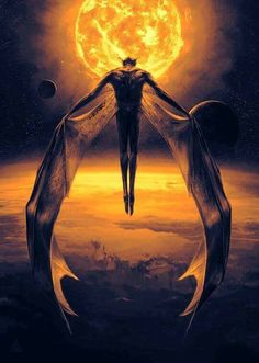 a man standing in front of the moon with his hands on his hips and wings outstretched