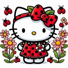 a hello kitty with ladybugs and daisies in her hair, standing next to flowers