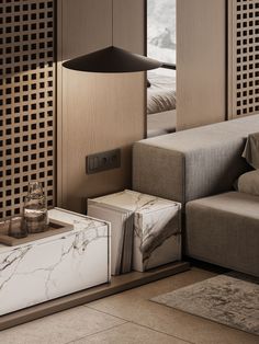 a living room with marble and wood accents