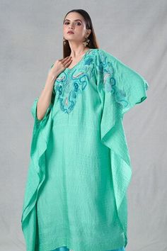 Sea green kaftan with resham, zardozi embroidery in floral pattern on neckline. Paired with matching inner and sea blue pant. - Aza Fashions Designer Embroidered Neckline Kurta For Summer, Embroidered Green Kaftan, Green Embroidered Anarkali Kaftan, Green Anarkali Style Embroidered Kaftan, Green Chikankari Embroidery Kaftan For Spring, Embroidered Green Anarkali Kaftan, Green Resham Embroidered Kaftan For Spring, Green Embroidered Kaftan For Eid, Summer Kaftan With Embroidered Neckline