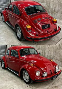 two pictures of a red vw bug parked in a garage