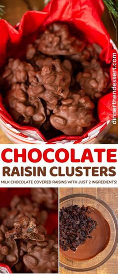 chocolate raisin clusters in a red bag with the words chocolate raisin clusters on it