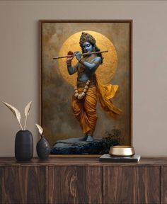 a painting of a hindu god holding a flute in front of a full moon background