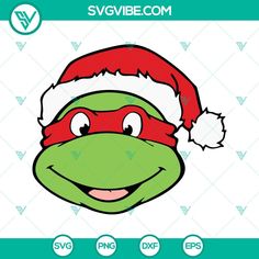 a green turtle wearing a santa hat with eyes and nose on it's head