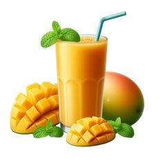 an orange smoothie with mangoes and mint leaves on the rim next to it