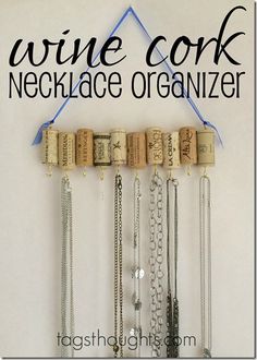 a wine cork necklace organizer hanging on a wall with the words wine cork necklace organizer