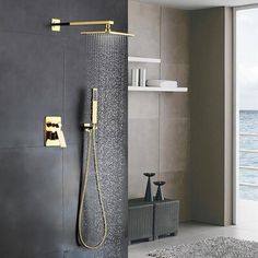 a bathroom with an open shower and large window