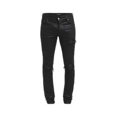 Amiri "MX1" jeans in waxed black denim with rip-and-repair details Regular rise Five-pocket style Full length Skinny fit Button/zip closure Cotton/elastane Dry clean Made in USA Black Leather Jeans For Streetwear, Edgy Black Leather Jeans, Leather Jeans For Streetwear, Edgy Leather Jeans For Streetwear, Wardrobe Sale, Cocktail Jacket, Spring Wardrobe, Jeans Jumpsuit, Handbag Shopping