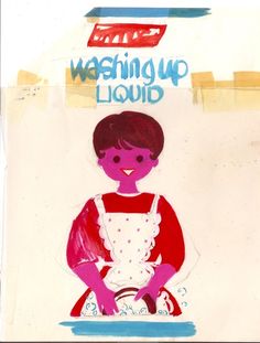 a child's drawing of a girl washing her hands with the words washing up liquid