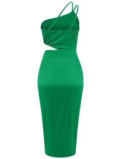 Make a bold statement with the Vianne One-Shoulder Satin Midi Dress. With its daring one-shoulder design and rich emerald color, this dress is perfect for those who love to take risks. The luxurious satin material adds a touch of elegance, making you stand out in any crowd. Embrace the challenge and step into the spotlight with confidence in this stunning dress. Size Guide: Model is 5’65” tall, and has a 33.6” bust, 24.1” waist, & 35.2” hips. She is wearing a S / US 4 / AU 8. This dress is true to size. Material: 100% Polyester. Feature: One-shoulder. Sleeveless. Cut-out waist. Thigh ruched slit. Satin fabrication. Midi length. Care Instructions: Machine wash / Cold hand wash Off-shoulder Green Midi Dress For Evening, Green Off-shoulder Midi Dress For Date Night, Green Mini Dress With Asymmetrical Neckline For Date Night, Green One Shoulder Dress With Asymmetrical Neckline For Evening, Green Mini Dress With Asymmetrical Neckline For Night Out, Green Mini Dress With Asymmetrical Neckline, One Shoulder Green Cocktail Midi Dress, Green One Shoulder Sleeveless Party Dress, Strapless Green Midi Dress For Night Out