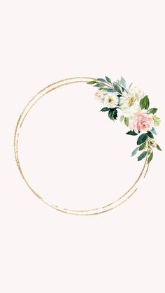 a white and pink flower wreath with greenery on the bottom, surrounded by gold rings