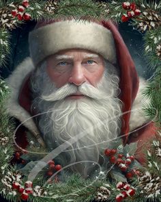 a painting of santa claus in a christmas wreath