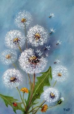 a painting of dandelions and bees on a blue background