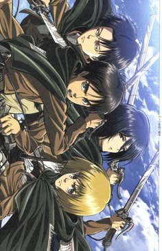 an anime poster with the characters from attack force on it's back and two swords in their hands