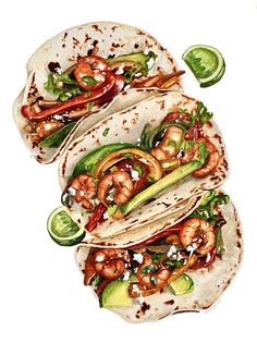 three tacos filled with shrimp, avocado and cilantro peppers on top of each other