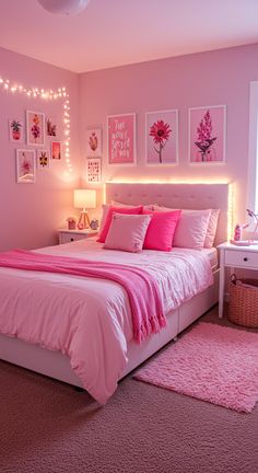 a bedroom decorated in pink and white with pictures on the wall