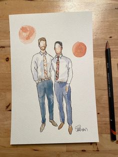 two men wearing ties are standing next to each other on a wooden table with watercolor pencils