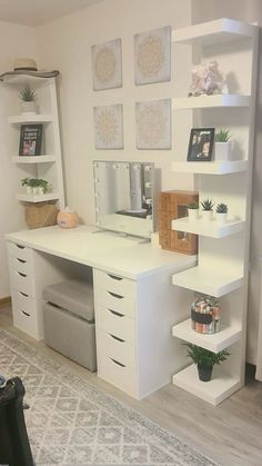 a white desk with drawers and shelves in a room