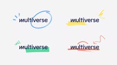 four different types of logos with the word multiverse written on them, all in different colors