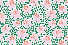 an abstract floral pattern with green and orange flowers on a pink background, designed by person