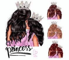 the princess clip art is shown in three different colors and features long, wavy hair