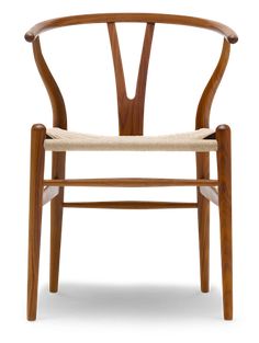 a wooden chair with a woven seat pad on the back and armrests, in front of a white background