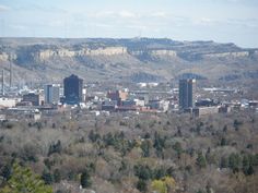 the city is surrounded by mountains and trees in the foreground, with tall buildings on either side