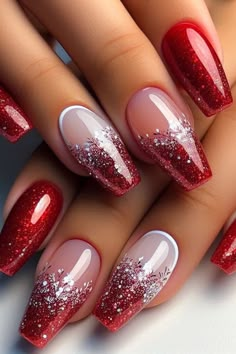 Add sparkle to your holiday style with red glitter French tip Christmas nails! Perfect for festive parties and cozy winter moments. Shine bright this season! ✨🎅 #ChristmasNails #RedGlitterNails #FrenchTipNails Christmas Nails Red Glitter Tips, Holiday Nails Winter Christmas Classy, Red Sparkle Tip Nails, Xmas And New Years Nails, Nails Acrylic For Christmas, Nails Christmas Designs Red, Xmas French Nails, Red Nail With Glitter, Red Sparkle French Tip