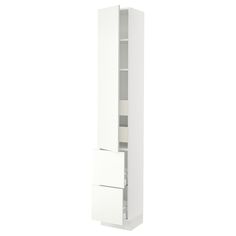 a tall white cabinet with two drawers on the bottom and one door open to reveal something