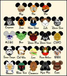 mickey mouse ears and other disney characters are depicted in this poster, which includes the names of each character