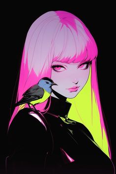 a girl with pink hair and a bird on her shoulder