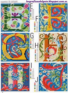 cross stitch alphabets with different letters and numbers in each letter, including the letter e