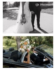 the bride and groom are getting out of their wedding car in black and white photos