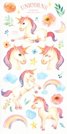 watercolor unicorns with flowers and stars on the top, one has pink hair