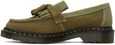 Nubuck loafers in green. · Moc toe · Fringe trim and tassels at vamp · Suede lining · Hypoallergenic and antimicrobial cork footbed · Yellow topstitching at heat-sealed Goodyear welt · Treaded Air Cushion rubber sole Supplier color: Muted olive Mens Business Casual Shoes, Business Casual Shoes, Heeled Rain Boots, High Heel Rain Boots, Shoe Boot Sandals, Tassel Loafers, Boot Accessories, Backpack Tote Bag, Dr Martens Shoes