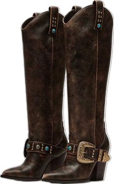 Western Boots With Rhinestone Rivets For Fall, Winter Brown Heeled Boots For Rodeo, Brown Knee-high Heeled Boots For Rodeo, Rugged Brown Knee-high Boots For Fall, Western Pointed Toe Boots With Rhinestone Rivets, Western Winter Boots With Rhinestone Rivets, Brown Moto Boots For Rodeo In Winter, Western Boots With Rhinestone Rivets For Winter, Brown Knee-high Boots For Rodeo